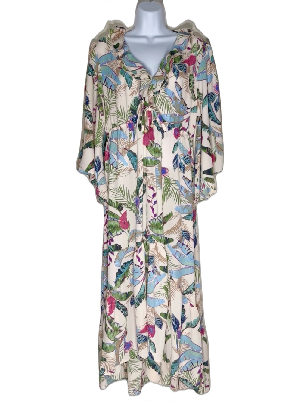 Brocade & Ivy Cream Tropical-Print Maxi Dress With Tie Waist And Tassel Size L